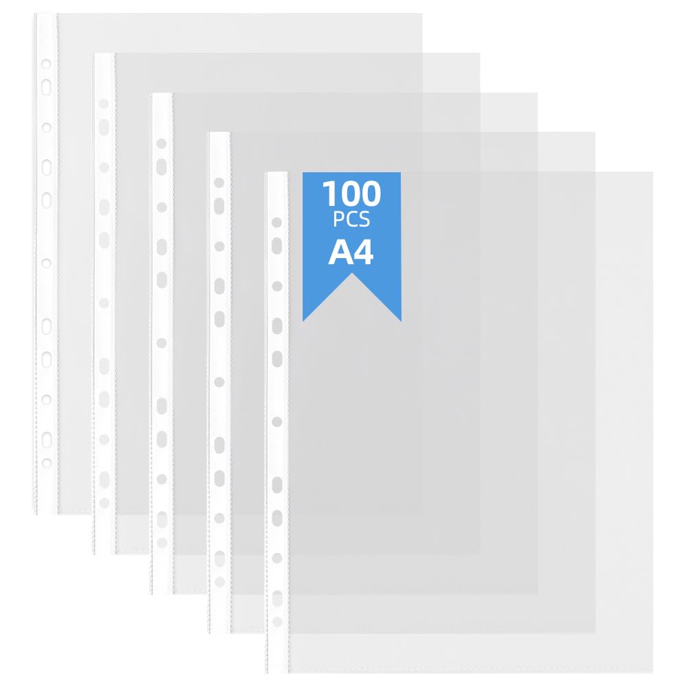 HOTUT A4 Punched Pockets, 100-Pack Clear A4 Plastic Sleeves, Reinforced Multi-Punched Spine, 60 Micron Premium Clear Plastic Sheet Protectors for Ring Binders