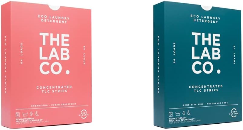 The Lab Co. Laundry Detergent Strips Sheets Eco Ultra-Concentrated Non-Bio Energising Fragrance Cuban Grapefruit 64 Loads & Laundry Detergent Strips Sheets, White