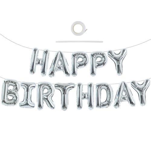 TONIFUL 16 Inch Letter Balloons Silver Happy Birthday Banner 16 Inch Mylar Foil Letters Sign Bunting Reusable for Girls Boys Kids & Adults Birthday Decorations Party Supplies