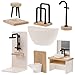 SEWACC Miniature Dollhouse Bathroom Set, 1:12 Scale, 8-Piece Mini Bathroom Furniture Accessories Sink Bathtub Toilet Vanity Stool Faucet Towel Rack for Decoration