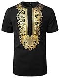 ZEROYAA Men's African Ethnic Hidden Button Short Sleeve Shirt Metallic Gold Printed Dashiki