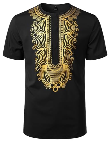 ZEROYAA Men's African Ethnic Hidden Button Short Sleeve Shirt Metallic Gold Printed Dashiki