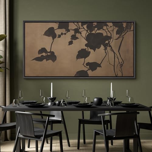 Image of MUDECOR Extra Large Framed Canvas Print Wall Art Minimalist Shadow Leaves Neutral Botanical Silhouette Antique Retro Ready to Hang Painting for Living Room Bedroom Multi-Sizes - 60 inchx30 inch