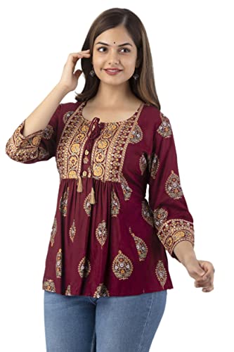 Image of DMP FASHION Women's Rayon Classic Printed Boota Top with Beautiful Tassels and Buttons at Front Black