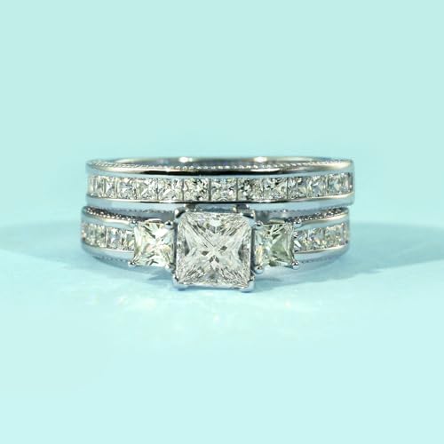 Couple Rings White Gold Plated 925 Sterling Silver Ring Square 1.5CT CZ Women Wedding Ring Sets Men Titanium Steel Ring3