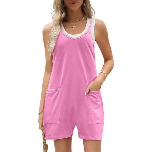 Pelele para mujer Trajes casuales con pantalones cortos Ropa de moda holgada cómoda para tallas grandes Monos con bolsillos versátiles usables en 2024, Rosa., XL