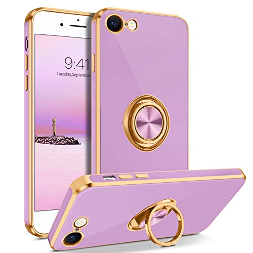 BENTOBEN Coque iPhone 7/8/SE(2020)/SE(2022) Anneau Support de Bague Etui Housse de Protection Ultra Fine Mince en TPU Mignon Placage Caméra Objectif Protection Antichoc Antidérapante Coque-Violet Cover