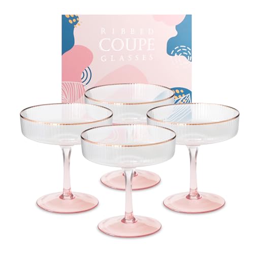 Xiholeruf BLUSH COUPE GLASSES SET OF 4 Blush Pink Coupe Glasses Set Of 4, Exquisite Ribbed Pink Martini Glasses With Rose Gold Rims, Pink Champagne Glasses In Gifting Box cover
