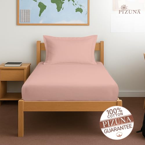 Image of Pizuna 100% Cotton Fitted Bedsheet Single Bed 400 Thread Count Long Staple Cotton Sateen Fitted Bedsheet 40x78 Inch with 1 Pillow Cover, Misty Rose Elastic Fitted Bedsheets Single Bed fits 12 Inch
