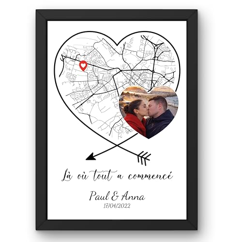 Triangle Déco Affiche personnalisée couple carte lieu de rencontre avec photo prénoms date avec ou sans Cadre