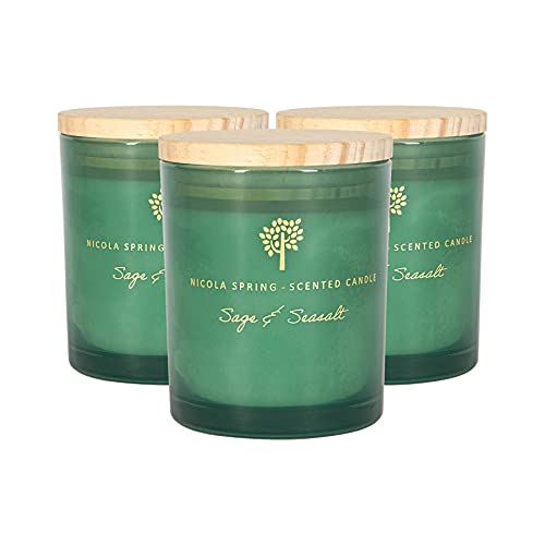 Nicola Spring Sage & Seasalt Scented Candle - 130g - 3 Pack - 21 Hour Burning Time Natural Soy Wax Single Wick Candles Relaxing Fragrance Aromatherapy Gift Set