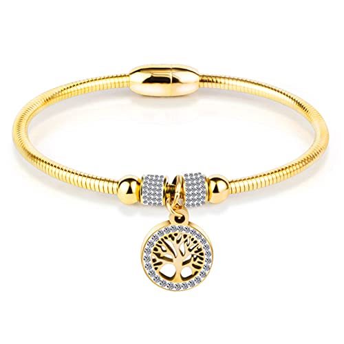LSxAB Women Girls Gold Tree of Life Charm Bangle Bracelet Magnetic Clasp Stainless Steel Bracelets Jewellery Gifts