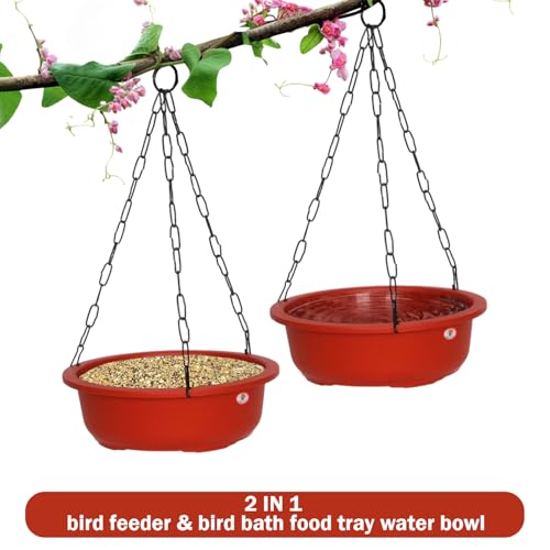 Image of GARDENS NEED 10 Inches Hanging Bird Feeder /Waterer Dish | Terracotta Plastic | Set of 2 | Round Bird Bath Station with Steel Chains & Hooks for Outdoor Garden, Patio & Balcony Decor