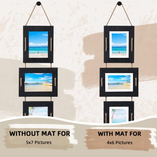 Abswhlm 5X7 Hanging Picture Frames Rustic Solid Wood 3 Opening Picture Frame Collage Wall Mounted Set Display 4X6 Pictures With Mat Or 5X7 Without Mat (Weathered Black, 2Pack) #TOP3