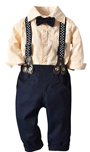 Toddler Dress Suit Baby Boys Clothes Sets Bowtie Shirts + Suspenders Pants 3pcs Gentleman Outfits Suits 6 Month - 6 Years (Beige-1 5T)