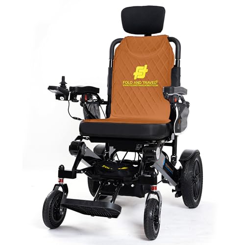 Fold And Travel Auto-Recline Electric Wheelchair Portable Power Chair Convenient Foldable Reclining Wheel Chair Electric Mobility Aid for Adults and Seniors (1 Battery 15+ Miles Range, Brown)