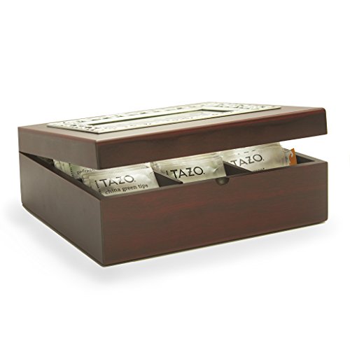 Large Wooden Tea Storage Box - Tea Box Sampler, 50 Tazo Tea Bags, 10 Assorted Flavors (Pewter Frame)