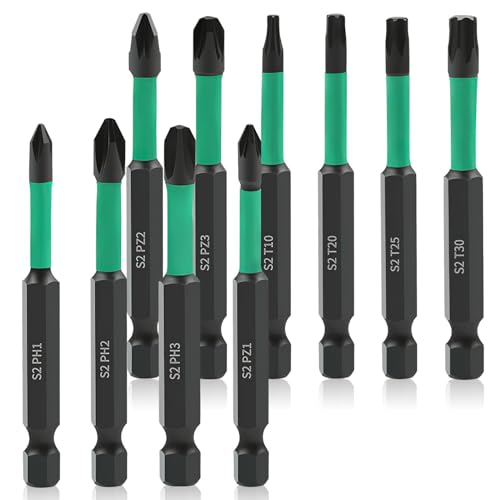 Schroefbitsset, 70 mm lang schroevendraaier bitsset 10 stuks bitsset met sterke magnetische kop, S2 1/4 inch zeskantschacht fosfide zwart Torx bitsset voor boorhamer, boormachine, elektrische