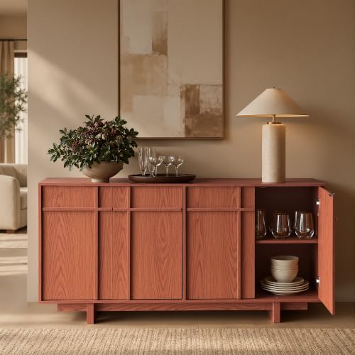 Image of Sideboard Buffet Cabinet with Storage, Mid Century Modern Accent Cabinet with Skeleton Line & Wood Grain Texture, 63 inch Minimalist Credenza for Living Room Kitchen Dining Room Entryway, Cherry
