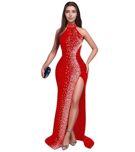 Image of Jigfar Women Sexy Elegant Rhinestone Mesh See Through Party Club Night Split Bodycon Formal Maxi Dress