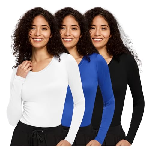 COZYFIT 3 Pack Underscrub Long Sleeve Women - Undershirts for Women Soft Fabric, Black/White/Royal Blue, L