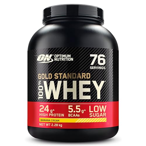 Optimum Nutrition Gold Standard 100% Whey Muscle Building and Recovery Protein Powder, Banana Cream Flavour, 76 Servings, 2.28 kg (Packaging may vary)