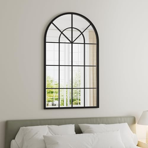 Image of Dewfig Arched Wall Mirror, 30 inchx20 inch Metal Frame Windowpane Mirror, Black