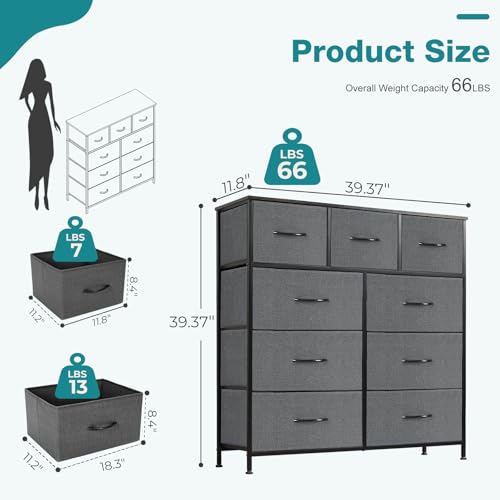 Image of OLIXIS 9-Drawer Fabric Storage Dresser Chest Organizer Unit, Grey | Sturdy and lightweight fabric drawers with easy-pull handles,Space-saving versatile organizer for clothes, bedroom