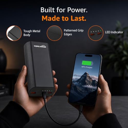 Image of Amazon Basics 27000 mAh Power Bank, 65W Fast Charging, Outputs (2 Type C & 1 USB) PD3.0, for iPhone, Android, Laptop, Tablets, Earbuds, Flight Friendly, Metallic Body (Black)