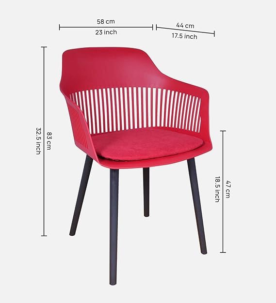 Image of Creative Red Plastic Dining Chairs Set of 4 | Armrest Spindle Back Design | Plastic Shell and Legs | 1.47 Feet Seat Height | Dining Kitchen Cafe Restaurant Living Room Home Use