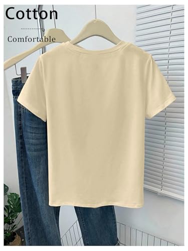 Image of RoseSeek Women's Cute Embroidered Tops Crew Neck Short Sleeve T Shirts Casual Going Out Tops Apricot Large