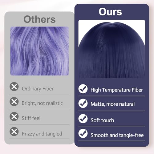 Image of MEEZY Navy Blue Short Bob Wigs Straight Hair with Flat Bangs Heart Sunglasses for Women, Colorful Funny Cosplay Party Neon Wig Synthetic Natural As Real Carnival Halloween Costume