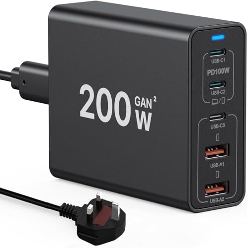 200W USB C Charger, GaN 5 Port Charging Station Hub, Type C PD100W Fast Charge Laptop Power Adapter Compatible with MacBook Pro/Air/iPhone 12/13/14/15/16/Galaxy S21/S22/S23/S24
