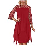 Foweknow Damen Kleid Elegant Chiffon 3/4 Ärmel Mesh Kleider Hohe Taille Einfarbig Cocktailkleid Knielang Ballkleider Übergröße Sexy Partykleid Für Frauen Hollow Out Durchsichtige Abendkleid