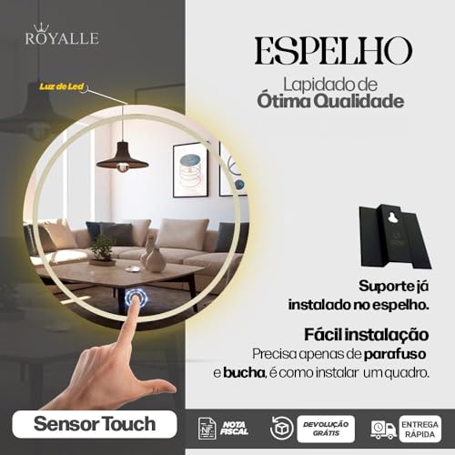 Espelho redondo grande jateado com Led 70x70cm lapidado