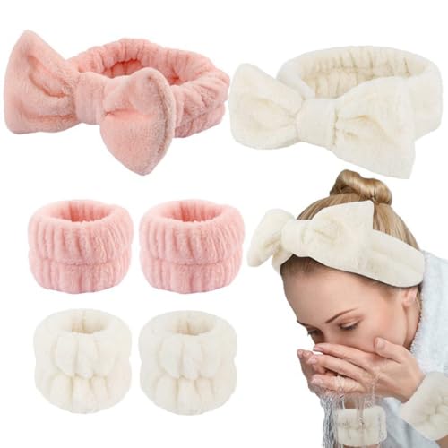 OIXEYA Lot de 6 Bandeaux de Spa Facial, Bandeau et Bracelets de Lavage de Visage, bandes de poignet faciales en flanelle pour Femmes Filles-Empêche Liquide de...