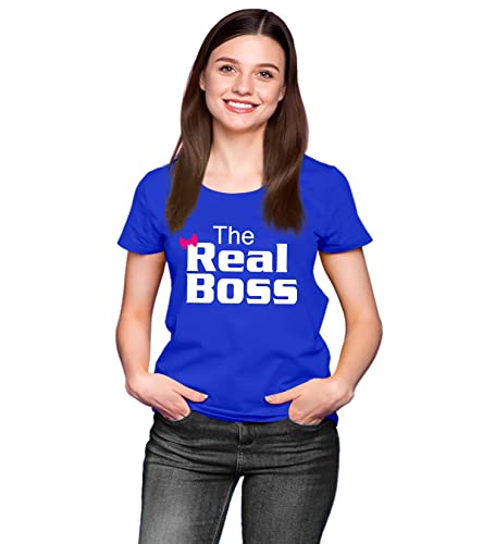 Image of Hangout Hub Hangout-Hub024$P Couple Tshirts for Couples | Printed The Boss The Real Boss T-Shirts | Men's and Women's Round Neck T-Shirt (Pack of 2, Cotton, Half Sleeves)