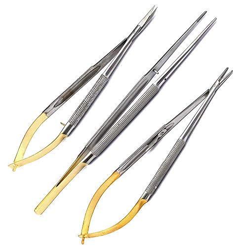 SurgicalOnline 3 Castroviejo Micro Forceps/Scissors Needle Holder Curved TC Forceps Dental Eye Set Kit