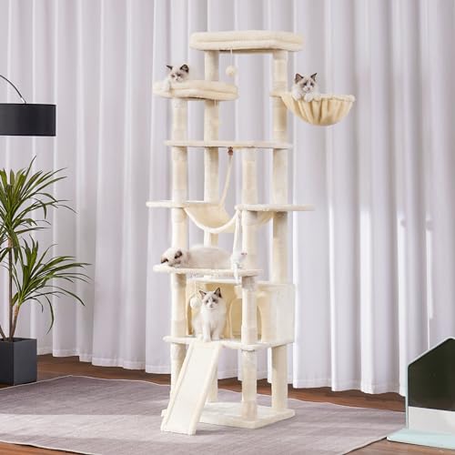 Image of Heybly Tall Cat Tree 78-inch Multi-Level Cat Tower for Indoor Cats HCT033M | Cat Condo with 2 Widened Plush Perches, Multi-Level Cat Furniture with Scratching Board, Big Caves, Beige