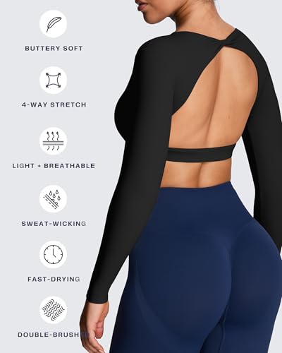 Image of Aoxjox Women's Define Sculpt Long Sleeve Crop Tops | buttery soft fabric,curved hem,hollow back, low support, removable pads, workouts,yoga,gym, daily wear