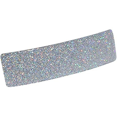 French Amie Rectangular Silver Glitter 3 1/4” Strong Celluloid Acetate Handmade Automatic Hair Clip Barrette with Golden Clasp for Women and Girls, Made in France Cover