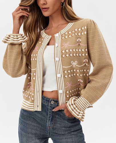 Saodimallsu Womens Cropped Cardigan Striped Puff Ruffle Sleeve Cute Graphic Button Bow Knitted Sweater Outerwear2