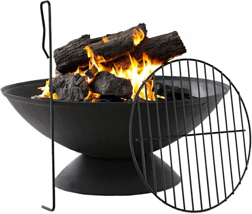 Gardenesque 56cm Cast Iron Fire Pit, With Steel Log Grate, Great for All Gardens, Round Fire Pit Bowl, Wood Burner, For Camping, Outdoor Heater and Wood Burner, 56 x 56 x 23cm