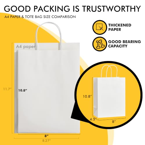 Image of RACETOP White Gift Paper Bags 100 Pack 8x4.5x10.8 in Medium with Handles | Recycled Kraft Paper, Medium Size, Reinforced Handles, for Groceries, Retail, Party Favors, Takeouts, Eco-Friendly