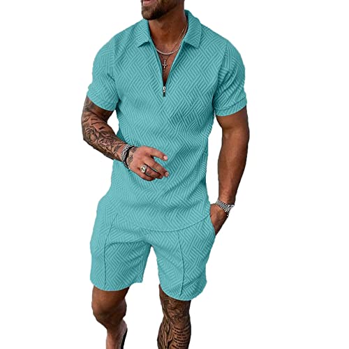 BIRW Conjunto deportivo de 2 piezas para hombre, conjunto de pantalones cortos de verano, camisa polo de moda, casual, manga corta y pantalones cortos, Azul-cielo, Large