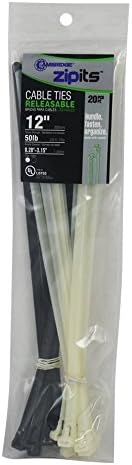 Cambridge ZipIts Releasable Nylon 6/6 UL Listed Cable Ties 20 Pack Assortment, Natural and UV Resistant Black, 12-in 50 Lb, 10 per Color, Contractor Quality and Strength