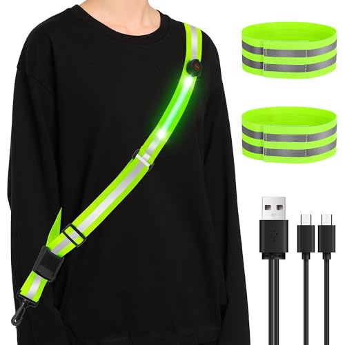 Starvortex Leuchtband Joggen mit Reflektoren Gürtel, Hochsichtbare Nacht Sicherheitslicht Laufgürtel, LED Lauflicht mit 2er Reflektierende Sicherheits Armband, Wiederaufladbare Verstellbarer Lauflicht