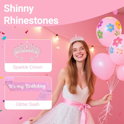 Birthday Tiara and Crown with Sash, Birthday Tiara for Women Party (Pink)
