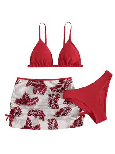 Image of Girl's 3 Piece Sets Floral Print Bikini Swimsuit High Waisted Bathing Suits with Beach Skirt Coverups