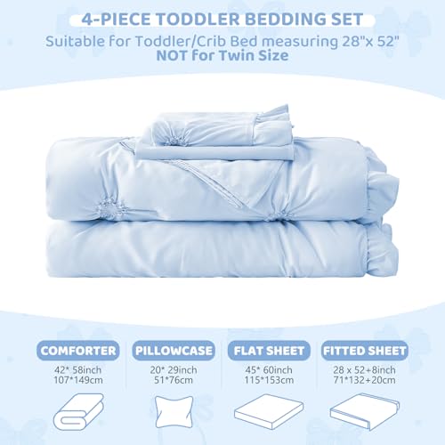 Image of Princess Toddler Bedding Set for Girls, 4 Piece Ruffles Jacquard Embroidery Toddler Bed Sheets with Boho Toddler Comforter, Fitted Sheet, Flat Sheet and Pillowcase, Blue